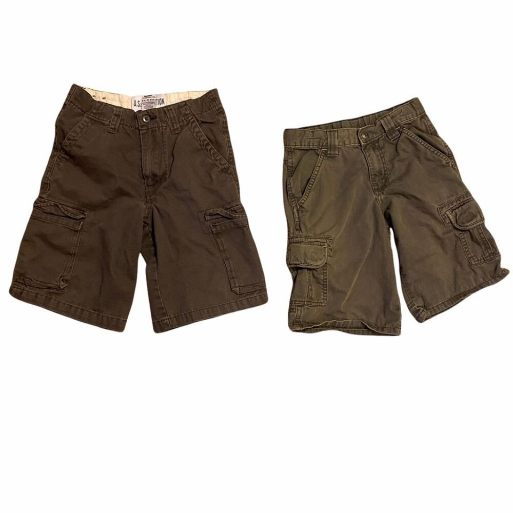 US Expedition WRG Jean Co Boys 8 Cargo Shorts Green Brown Knee Length Lot of 2